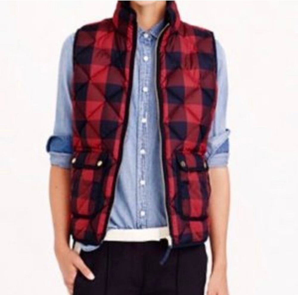 J. Crew Womens Down Vest Puffer Buffalo Check Red Blue Size Large Campcore